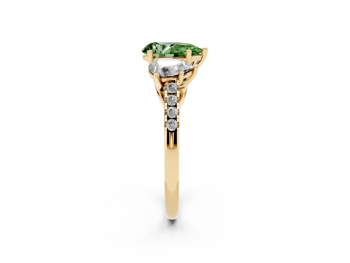 Fancy Green Three-Stone Pear Cut Diamond Ring with Round Pavé Band and Prong Setting Yellow gold