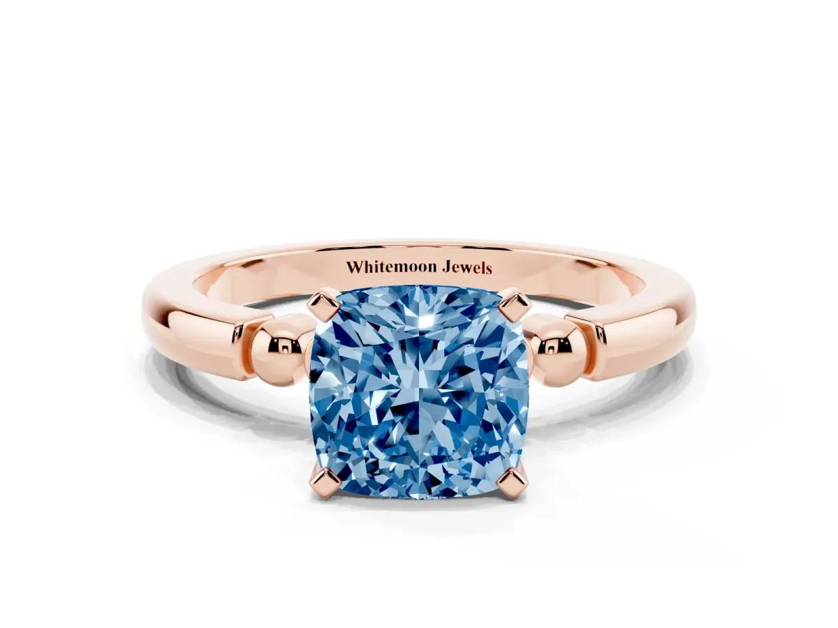Fancy Blue Cushion Cut Solitaire Beaded Band with Four-Prong Setting Rose gold