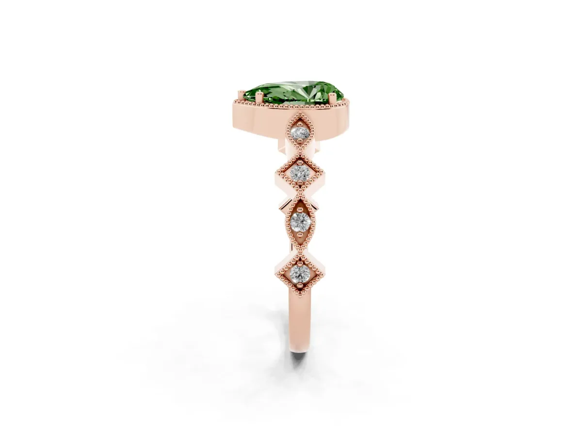 Fancy Green Pear Cut Milgrain Marquise Diamond Twist Band Ring Rose gold