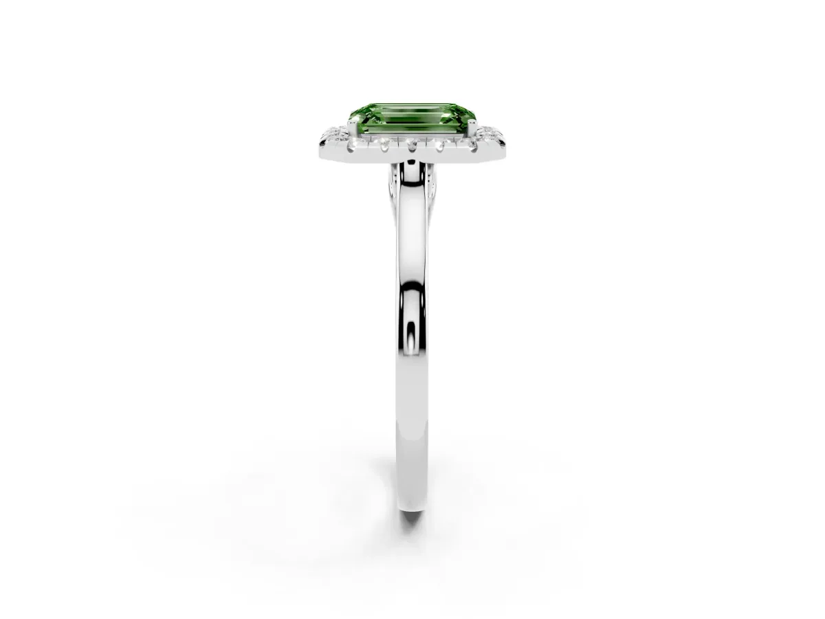 Fancy Green Emerald Cut Halo Round Diamond Solitaire Ring with Pavé Band and Four-Prong Setting Platinum