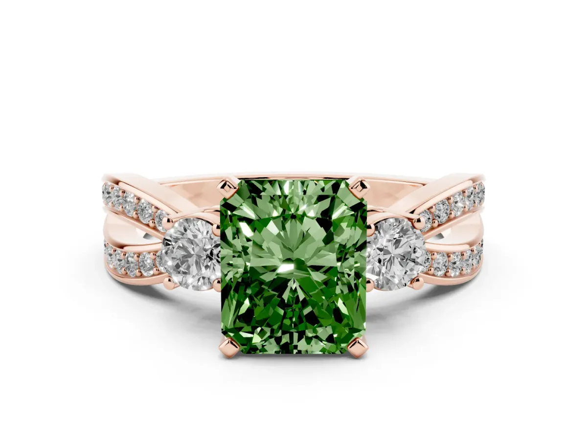 Fancy Green Three-Stone Radiant Cut Cut Diamond Twist Band with Prong Setting Rose gold