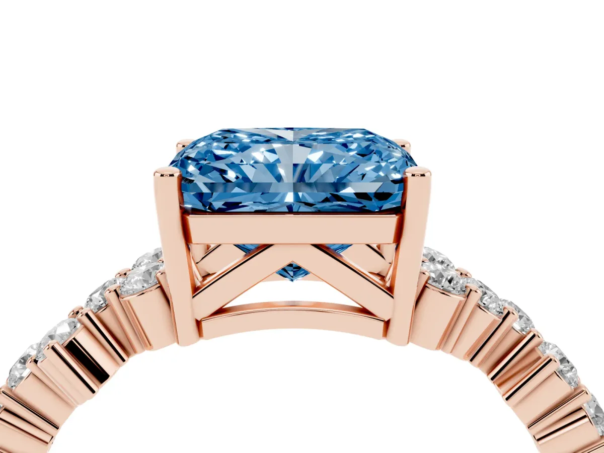 Fancy Blue Radiant Cut Diamond Scattered Round Accent Ring with Prong Setting Rose gold