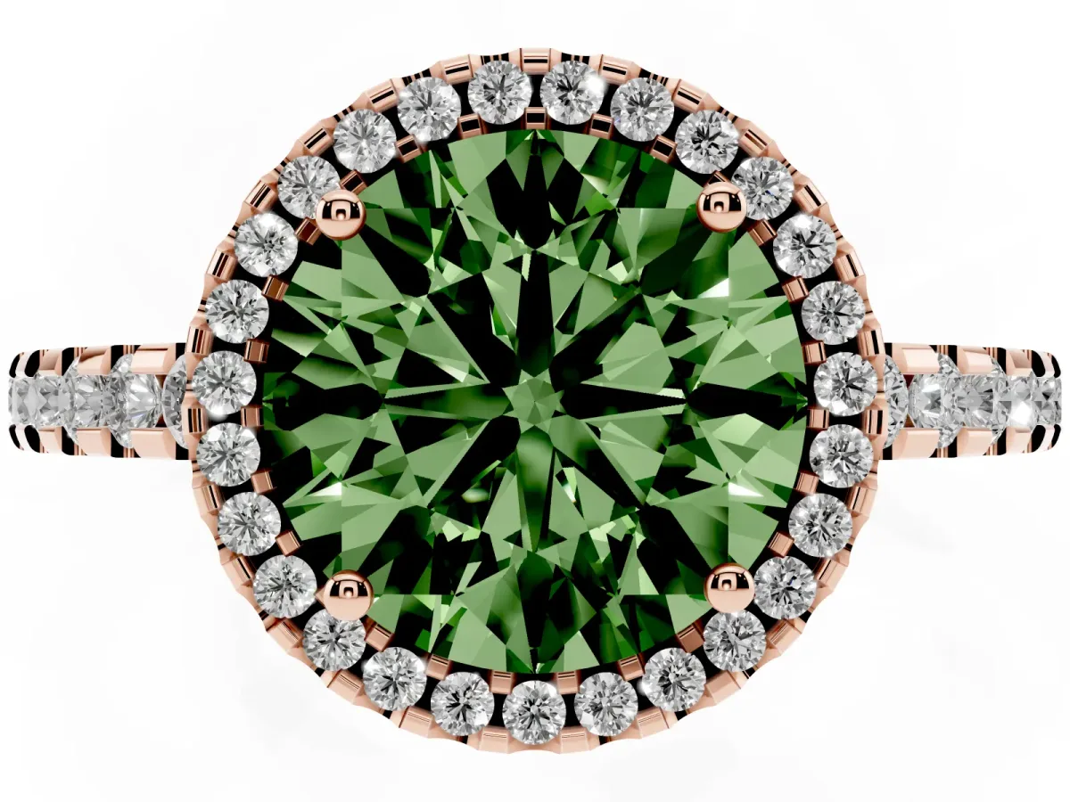 Fancy Green Round Cut Diamond Halo Engagement Ring with Pavé Band and Prong Setting Rose gold