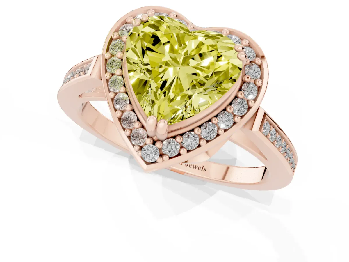 Fancy Yellow Heart Cut Diamond Halo Ring with Split Shank and Four-Prong Setting Rose gold