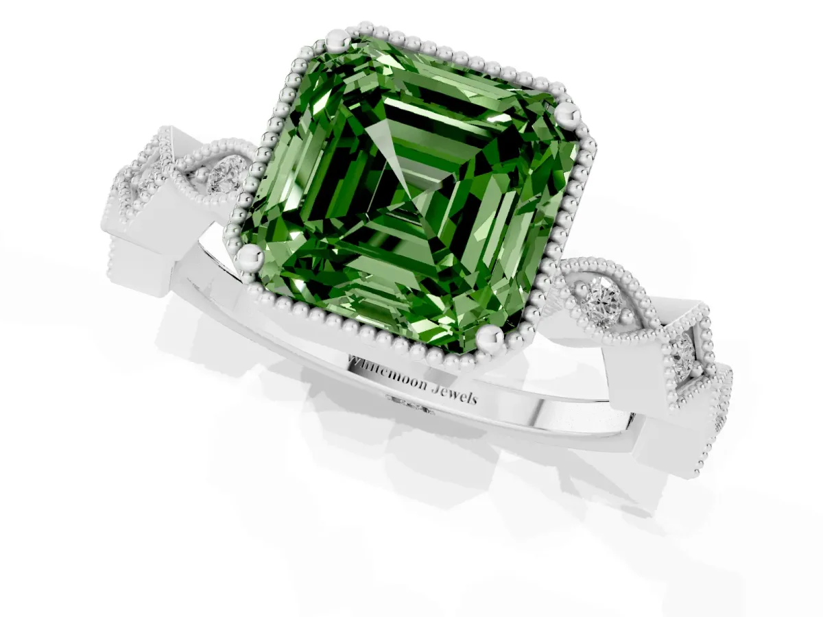 Fancy Green Asscher Cut Milgrain Marquise Diamond Twist Band Ring Silver