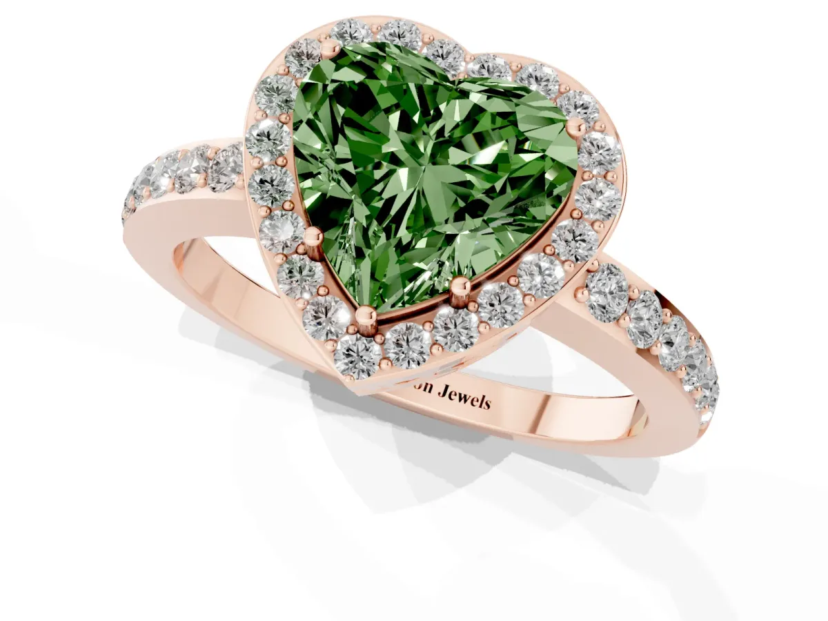 Fancy Green Heart Cut Halo Diamond Pavé Band Ring with Prong Setting Rose gold