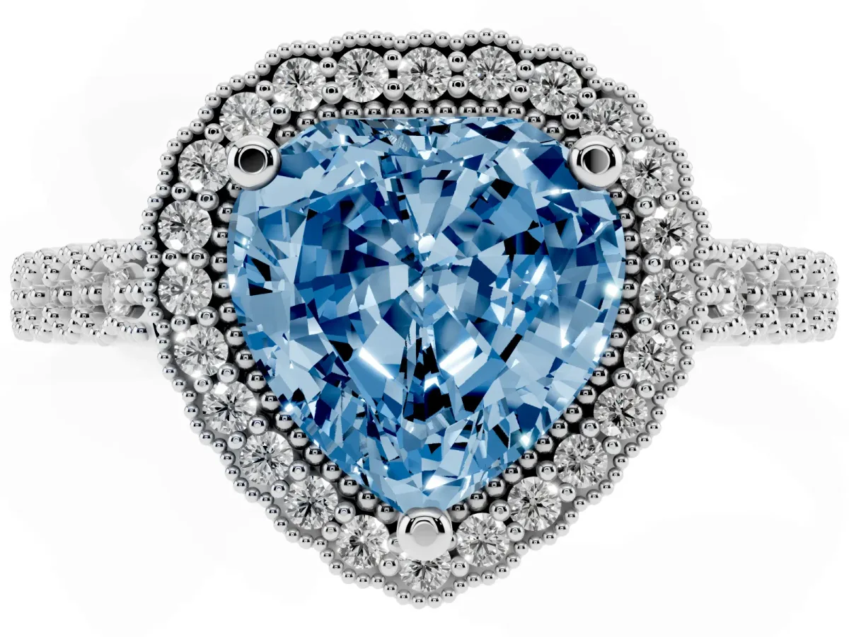 Fancy Blue Heart Cut Cut Halo Pavé Solitaire Ring with Milgrain Band Silver