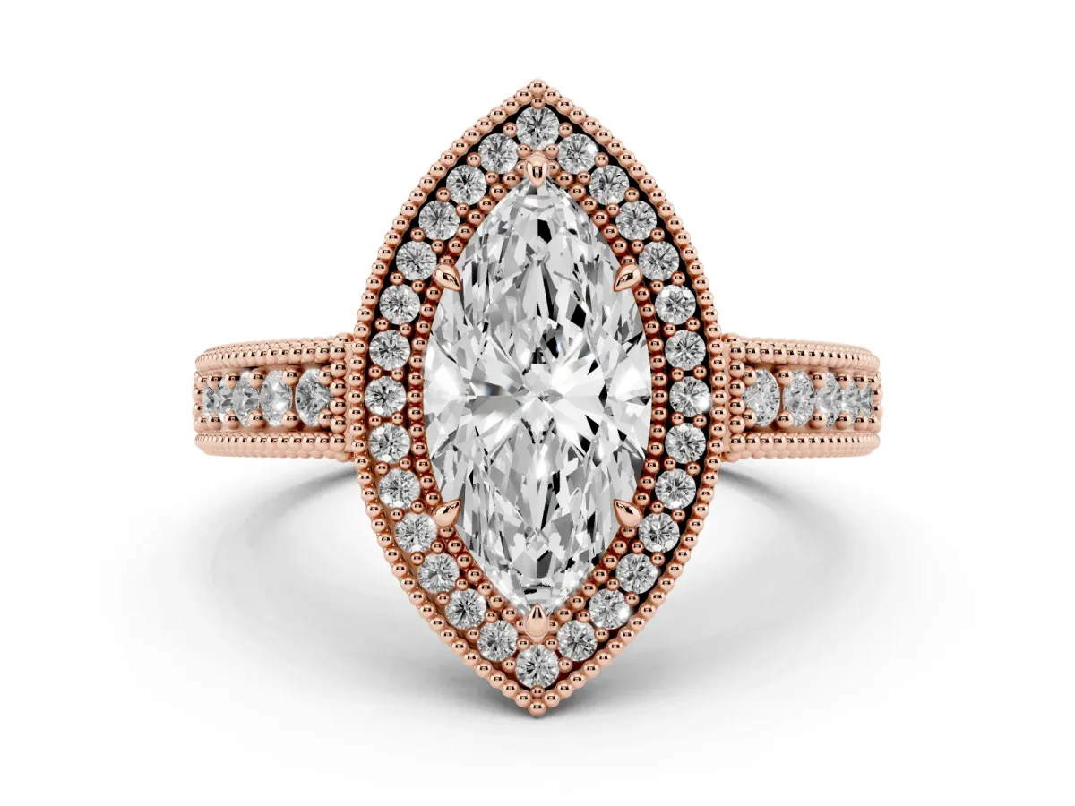 Marquise Cut Cut Halo Diamond Ring with Pavé Band and Four-Prong Setting Rose gold