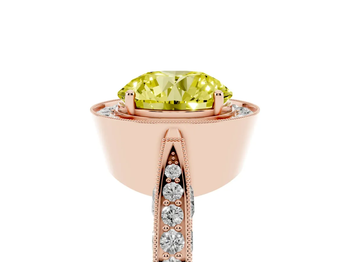 Fancy Yellow Round Cut Halo Diamond Engagement Ring with Split Shank Band and Four-Prong Setting Rose gold