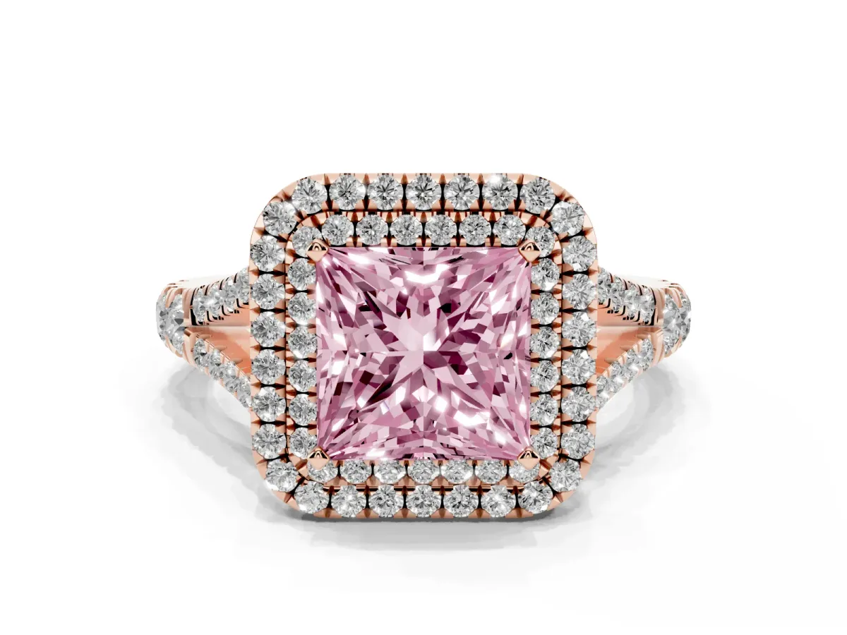 Fancy Pink Princess Cut Cut Double Halo Split Shank Diamond Ring with Prong Setting Rose gold