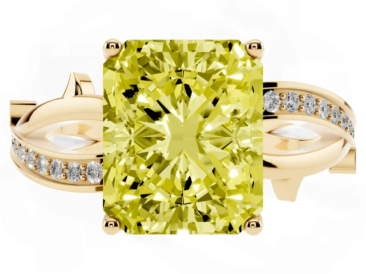 Fancy Yellow Radiant Cut Solitaire Twist Band with Pavé Accents and Four-Prong Setting Yellow gold