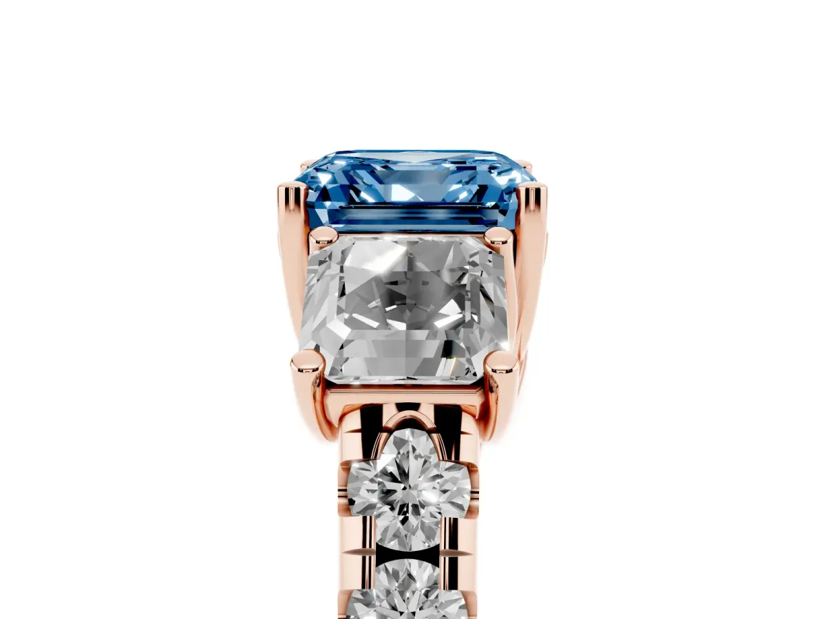 Fancy Blue Three-Stone Asscher Cut Diamond Pavé Band with Prong Setting Rose gold