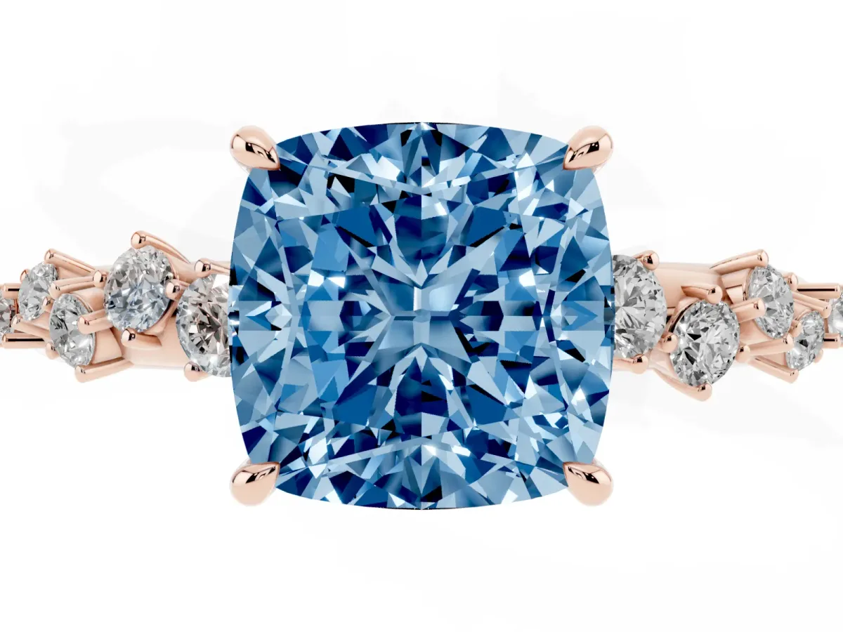 Fancy Blue Cushion Cut Diamond Cluster Side Stone Solitaire Ring with Prong Setting Rose gold