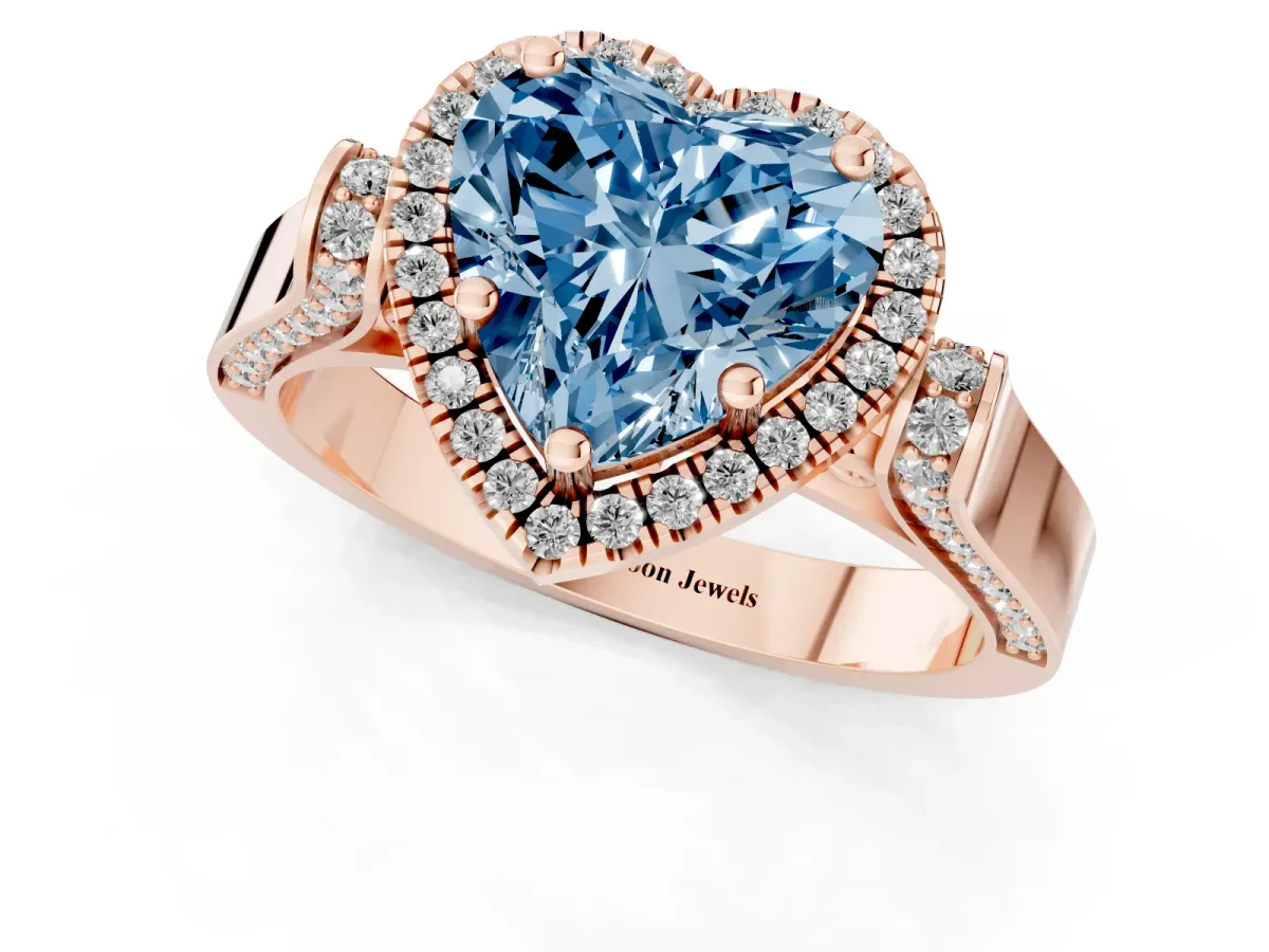 Fancy Blue Heart Cut Halo Pave Split Shank Prong Setting Ring Rose gold
