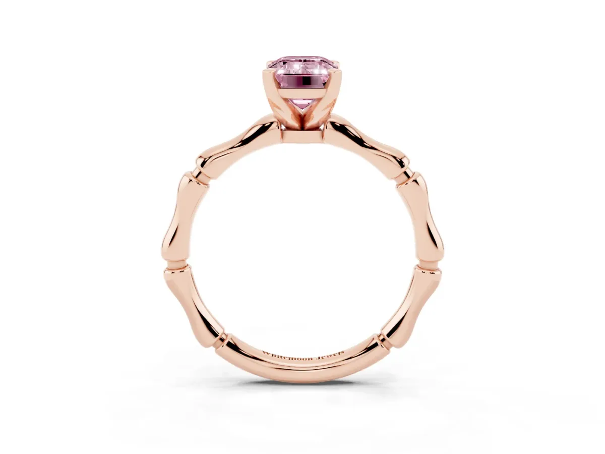 Fancy Pink Emerald Cut Solitaire Diamond Ring with Bamboo Band and Four-Prong Setting Rose gold