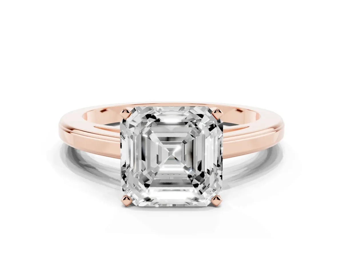 Asscher Cut Solitaire Diamond Ring with Four-Prong Setting and Classic Band Rose gold