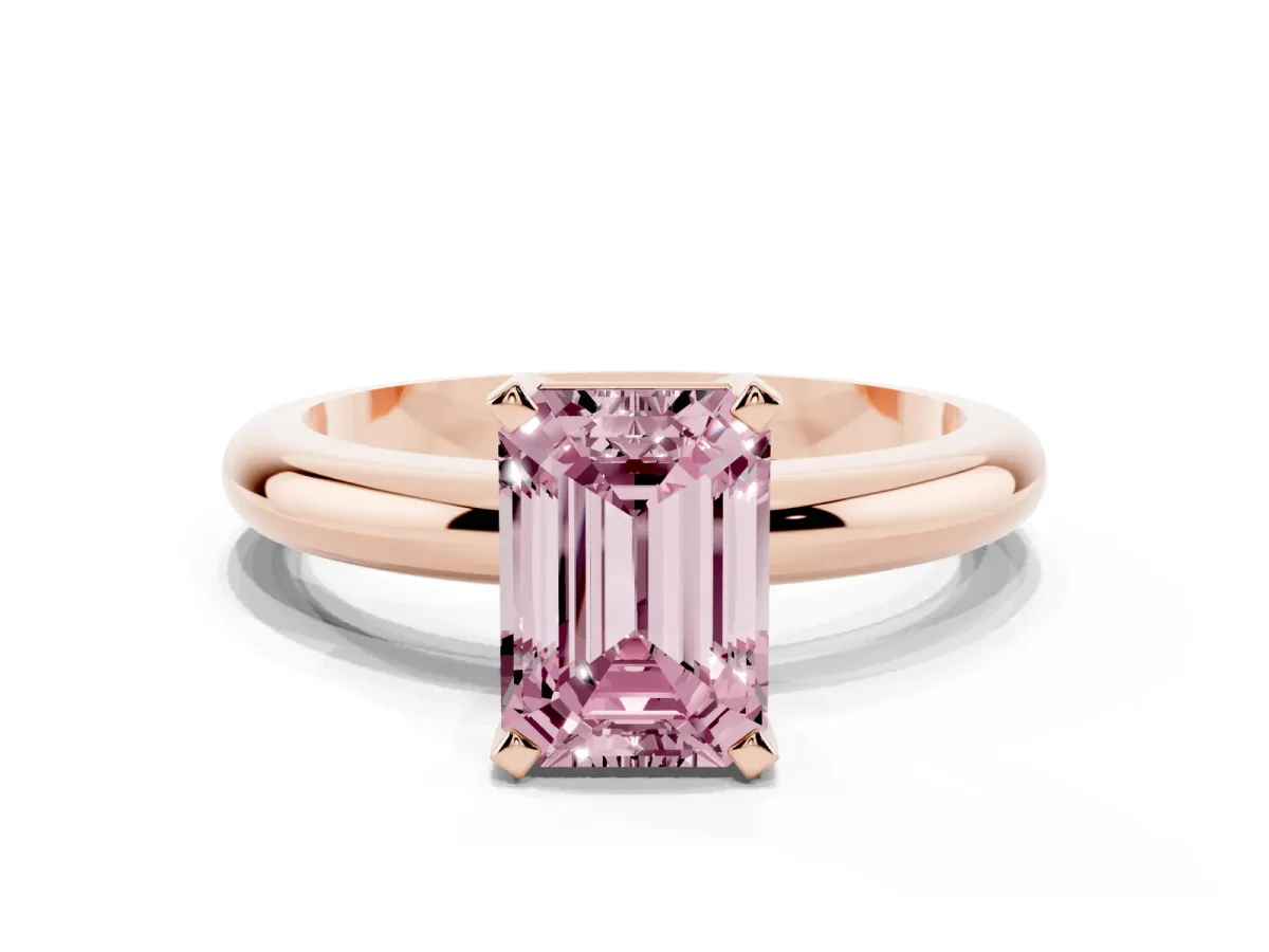 Fancy Pink Emerald Cut Diamond Solitaire Engagement Ring with Round Band and Four-Prong Setting Rose gold
