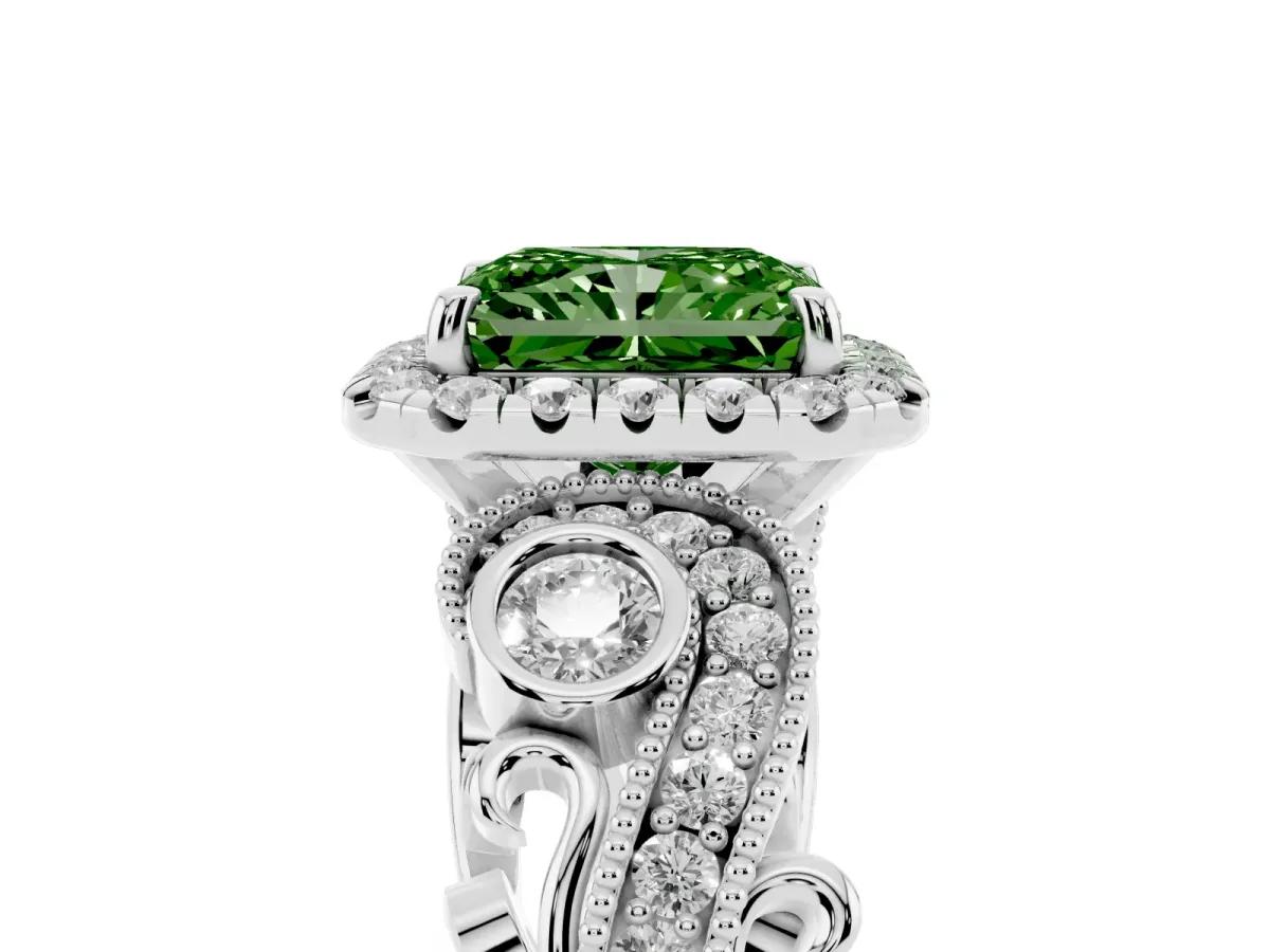 Fancy Green Radiant Cut Halo Diamond Ring with Milgrain and Bezel Accents on a Split Shank Band White gold