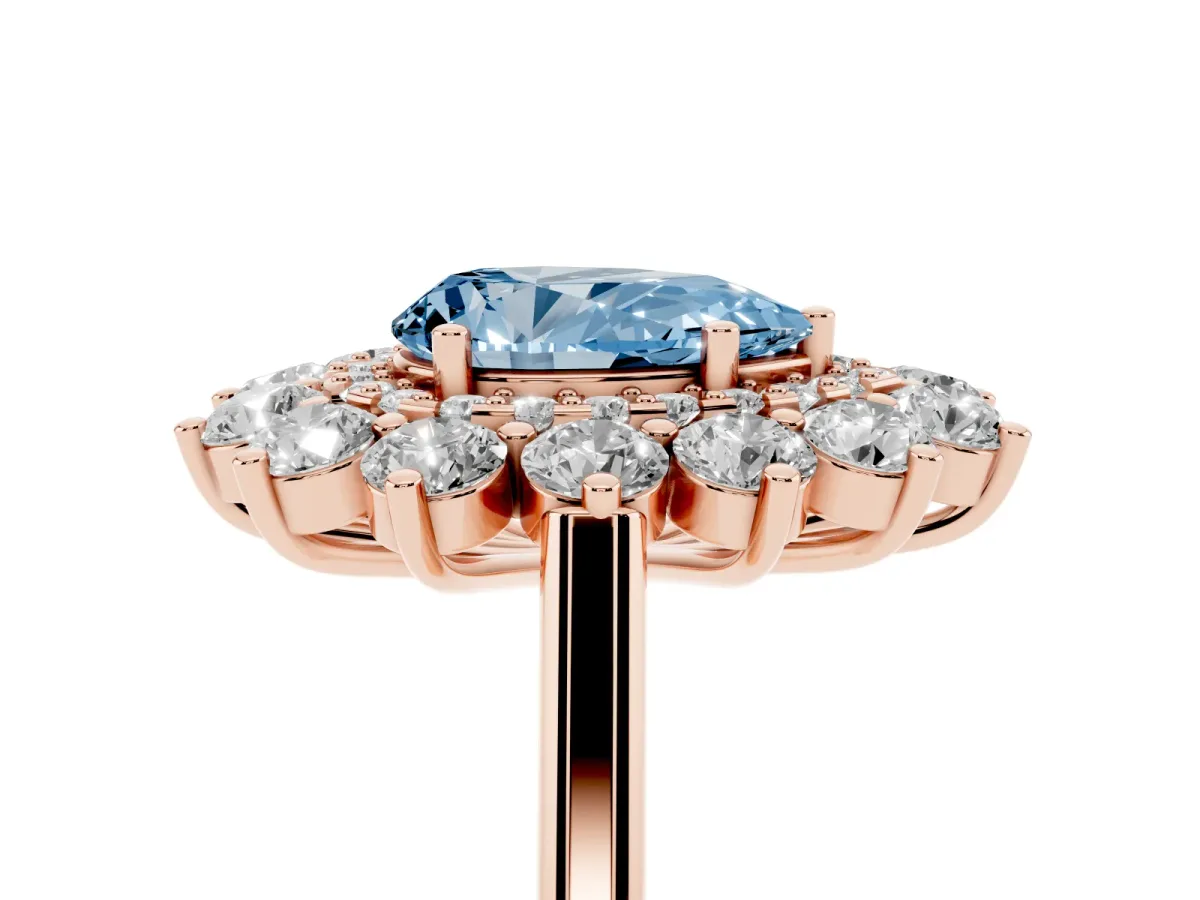 Fancy Blue Pear Cut Diamond Floral Double Halo Engagement Ring with Prong Setting Rose gold