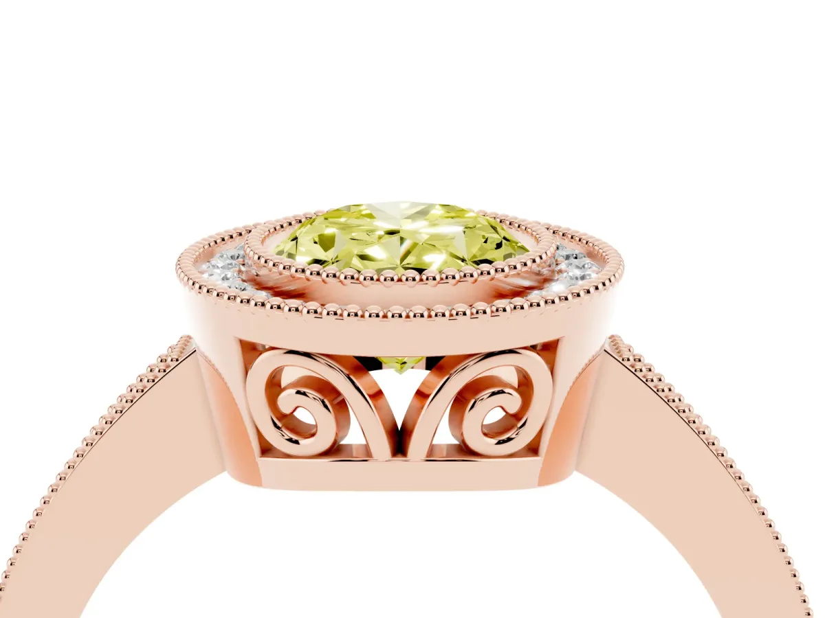 Fancy Yellow Oval Cut Cut Halo Diamond Ring with Pavé Band and Milgrain Prong Setting Rose gold