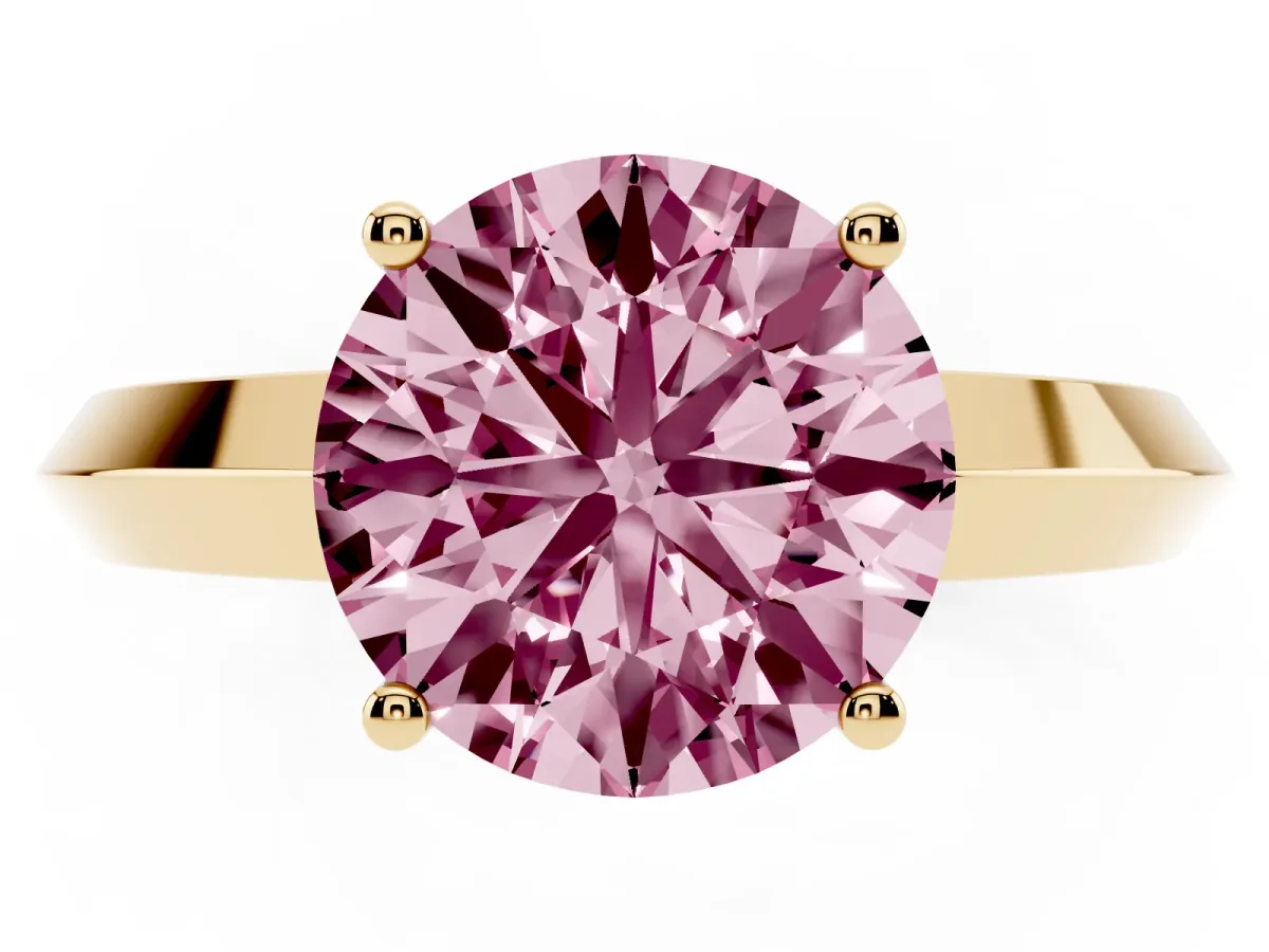 Fancy Pink Round Cut Cut Solitaire Engagement Ring with Flat Band and Four-Prong Setting Yellow gold