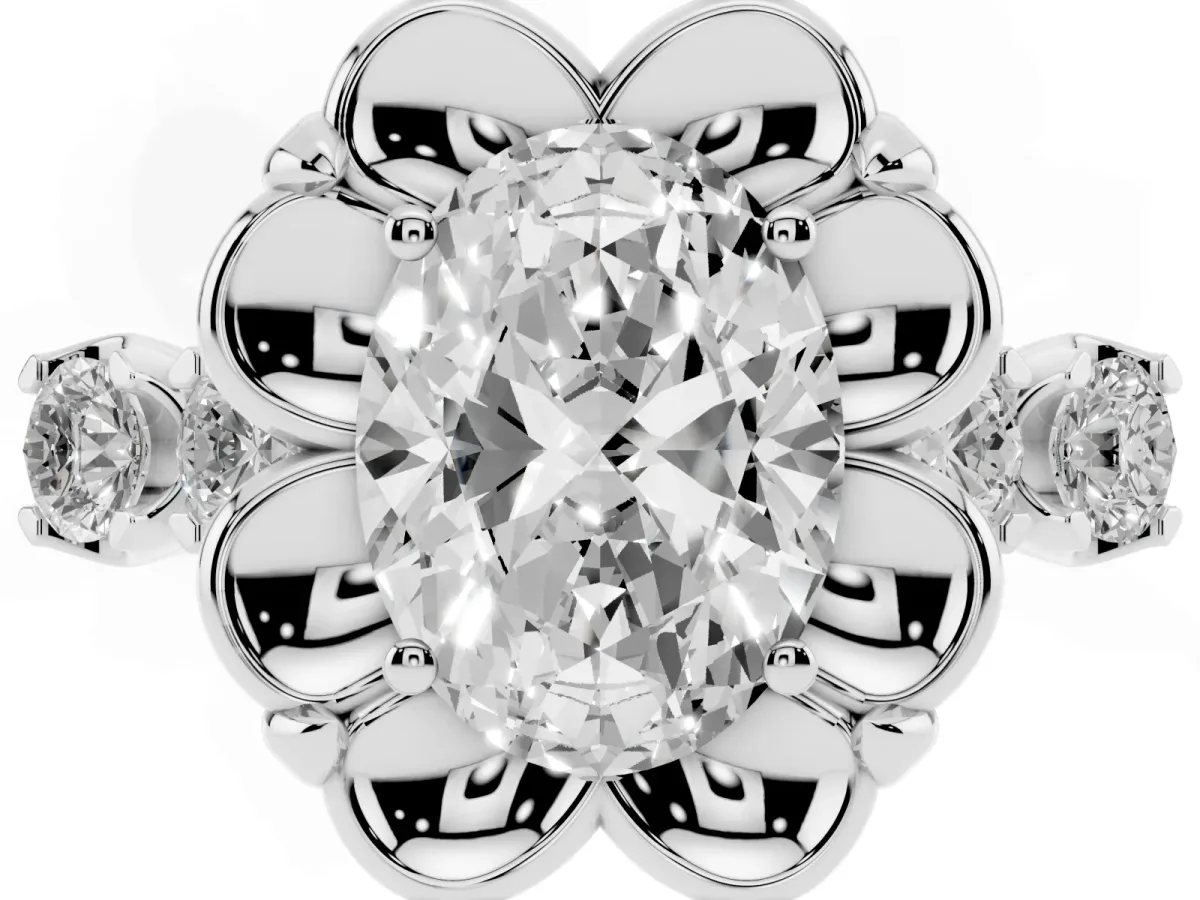 Oval Cut Cut Diamond Floral Halo Engagement Ring with Shared Prong Setting Platinum