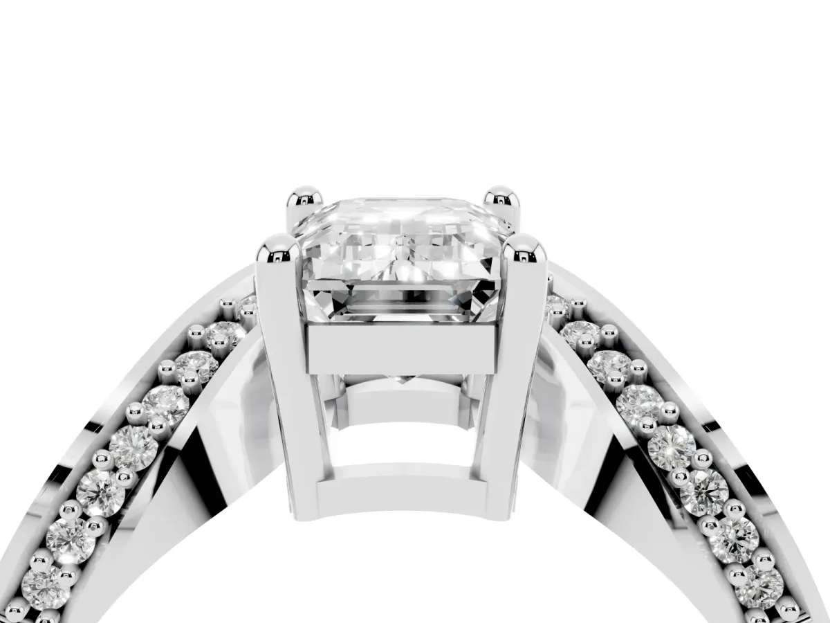 Emerald Cut Solitaire Diamond Engagement Ring with Pave Band and Four-Prong Setting Silver