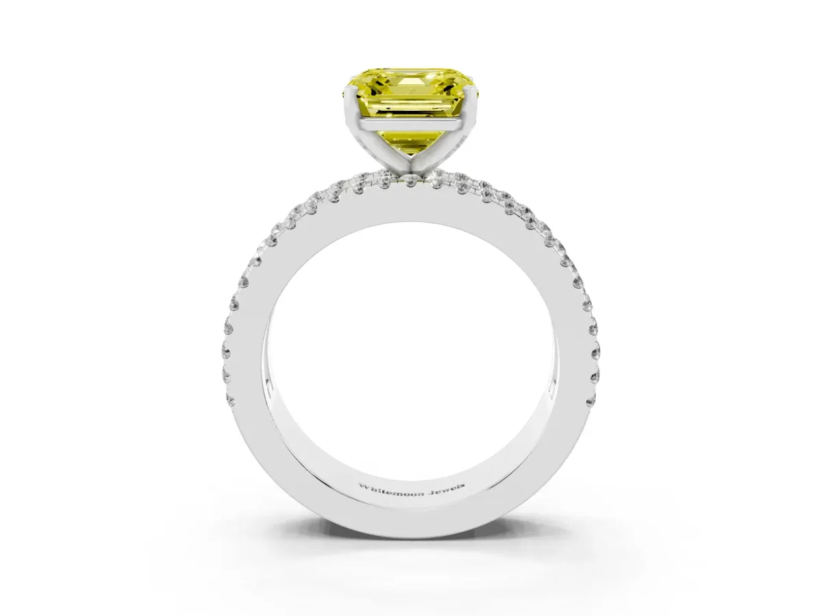 Fancy Yellow Asscher Cut Diamond Solitaire Ring with Pavé and Channel Set Band Silver