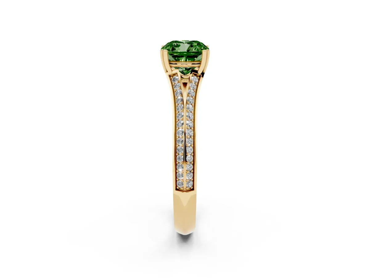 Fancy Green Cushion Cut Diamond Split Shank Engagement Ring with Pavé Band Yellow gold