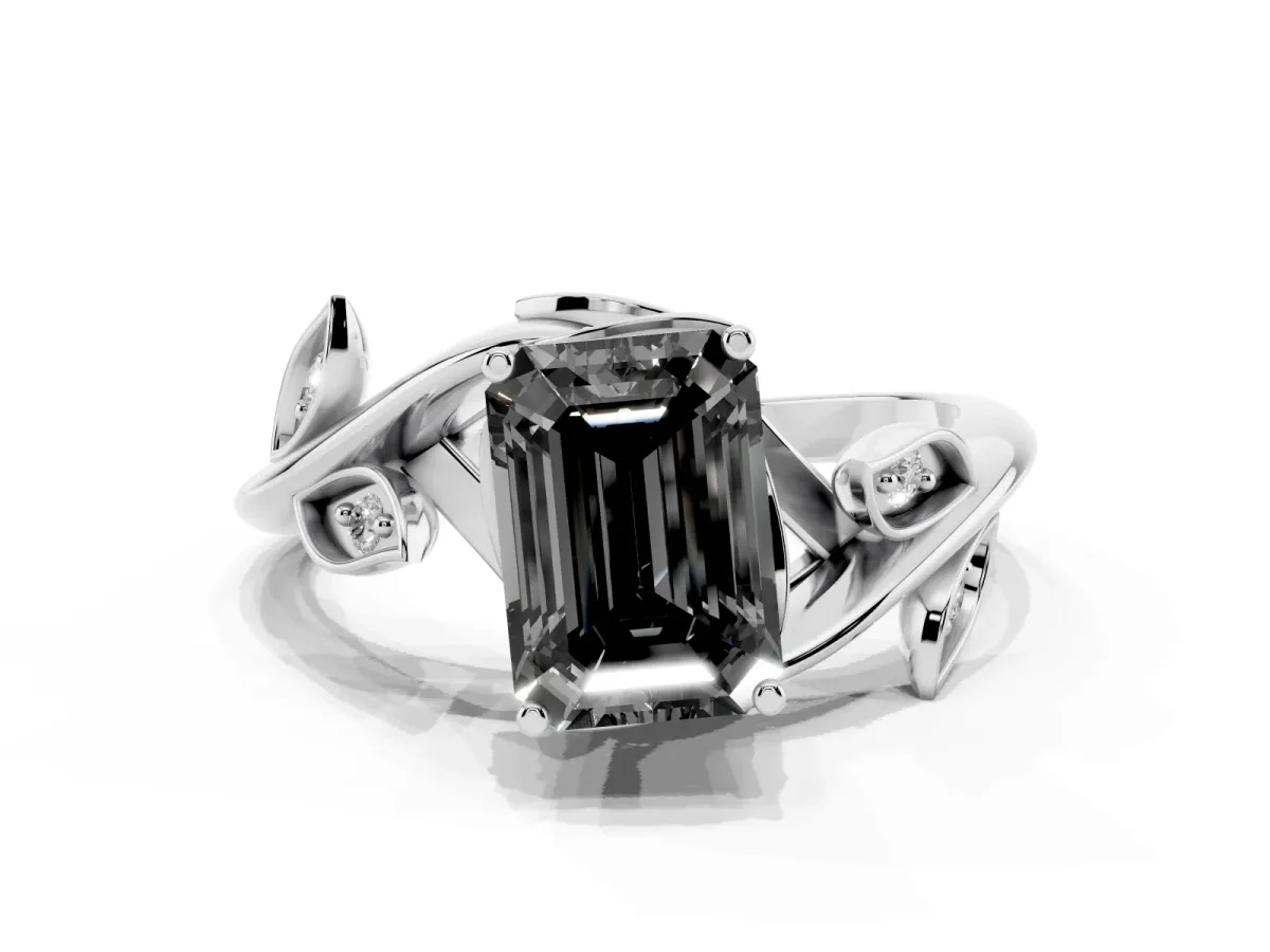 Fancy Black Emerald Cut Solitaire Twist Engagement Ring with Leaf Accents and Prong Setting Silver