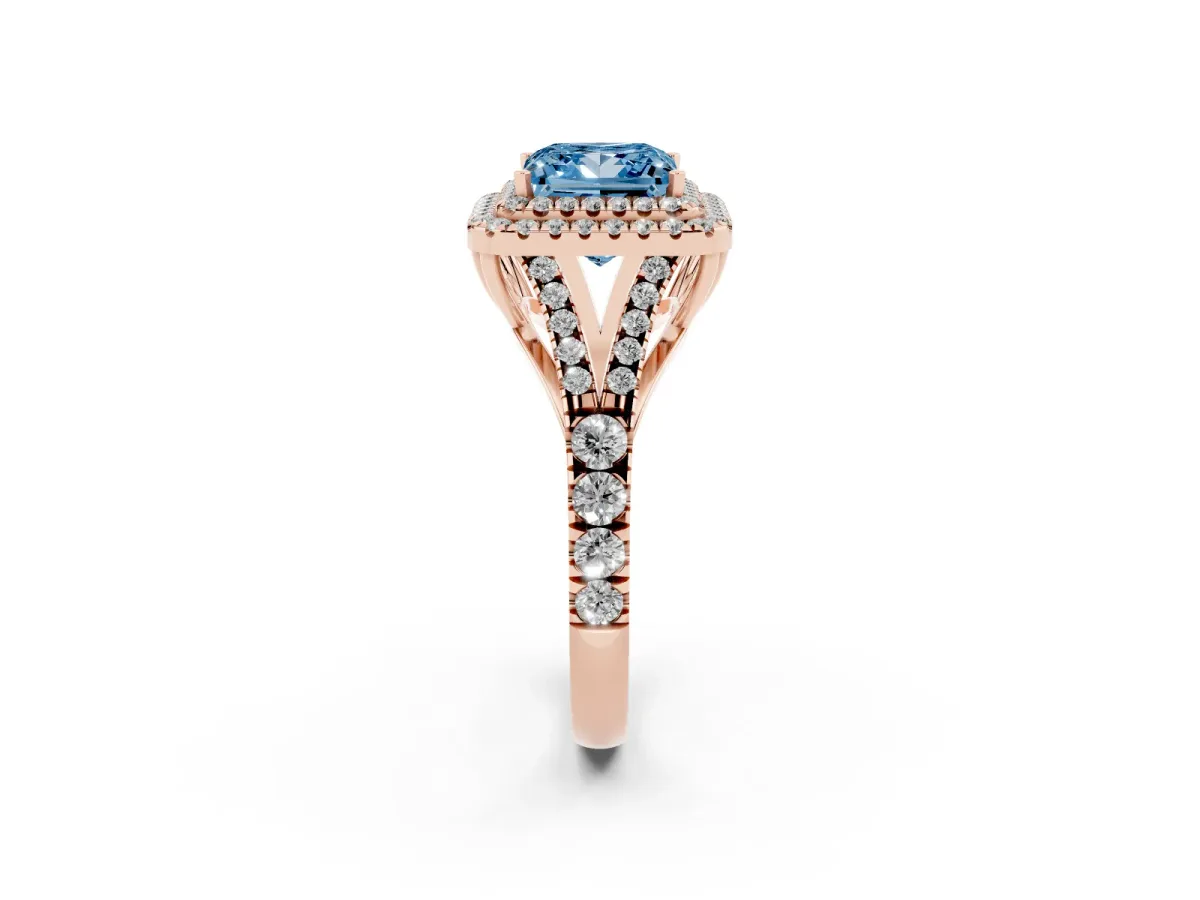 Fancy Blue Double Halo Princess Cut Diamond Split Shank Engagement Ring with Four-Prong Setting Rose gold