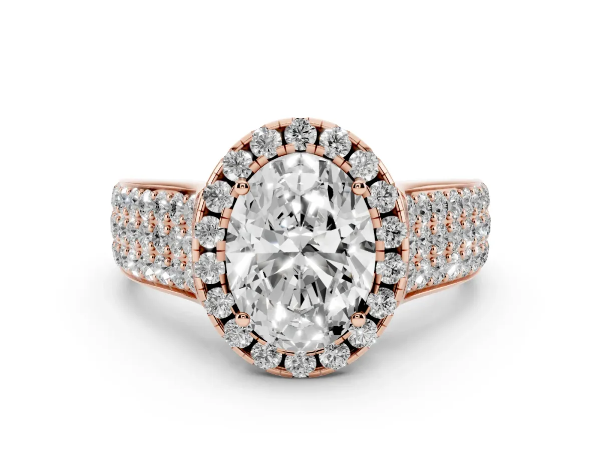 Oval Cut Halo Round Diamond Pave Band with Prong Setting Rose gold