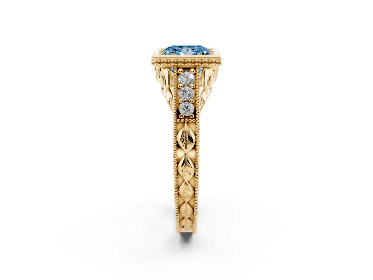 Fancy Blue Bezel Set Princess Cut Diamond Milgrain Pave Engagement Ring Yellow gold