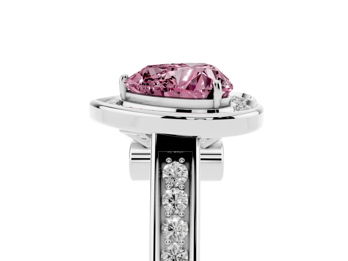 Fancy Pink Heart Cut Halo Solitaire Diamond Ring with Pave Band and Bezel Setting Silver