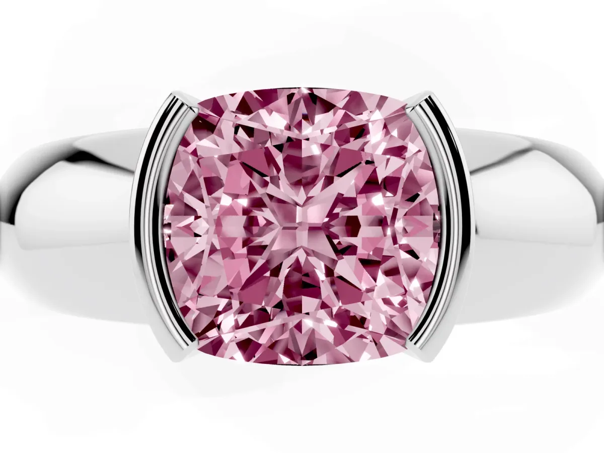 Fancy Pink Cushion Cut Solitaire Tension Set Diamond Ring with Wide Band Platinum