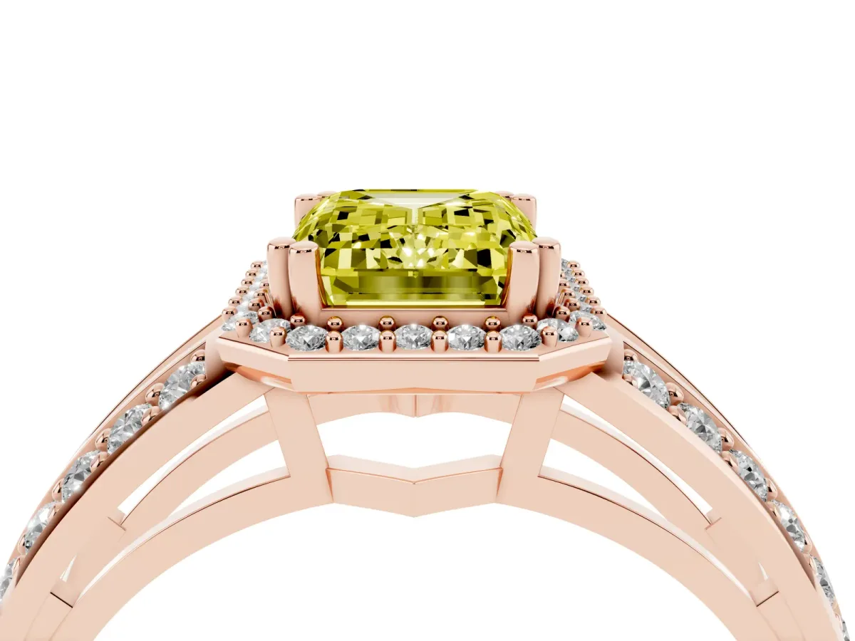 Fancy Yellow Emerald Cut Diamond Halo Ring with Split Shank Pavé Band and Four-Prong Setting Rose gold