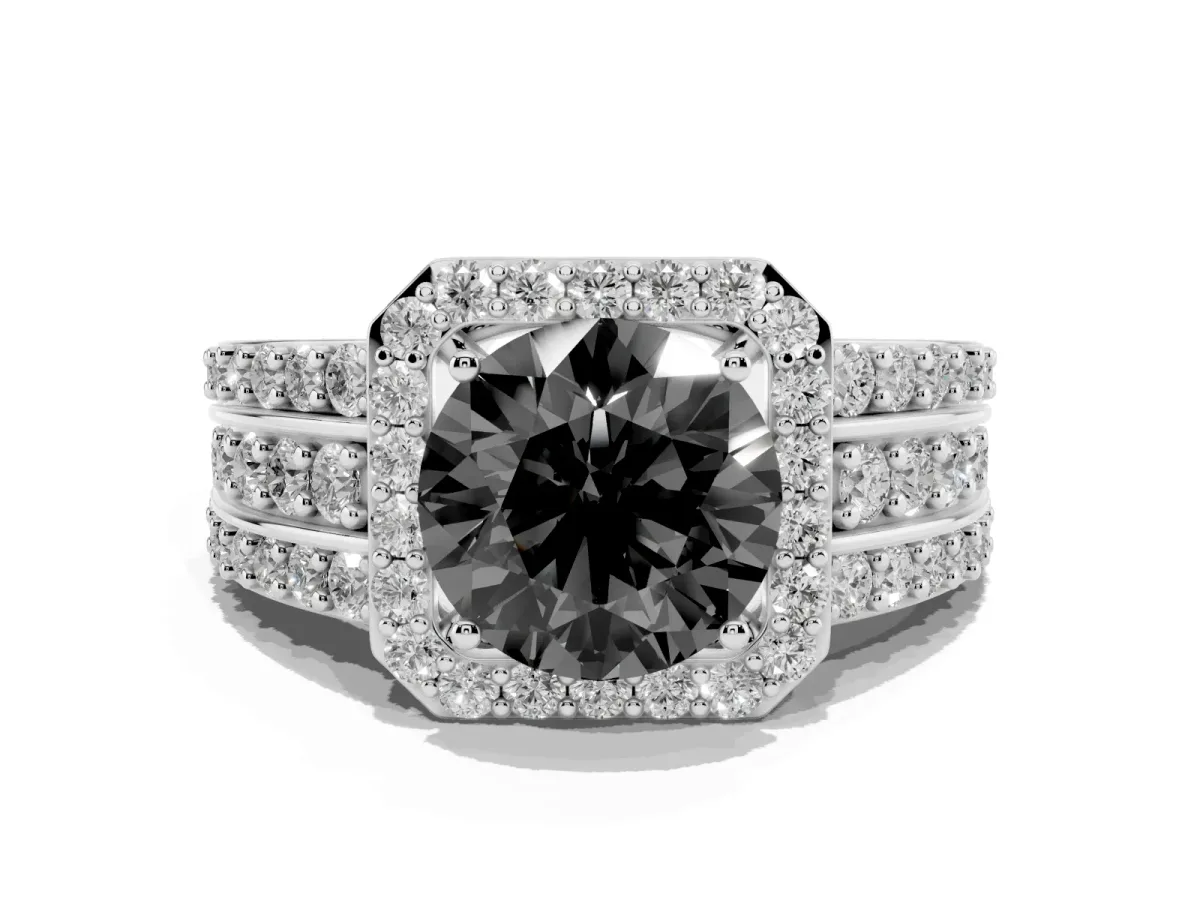 Fancy Black Round Cut Halo Diamond Ring with Round Split Shank and Prong Setting Platinum