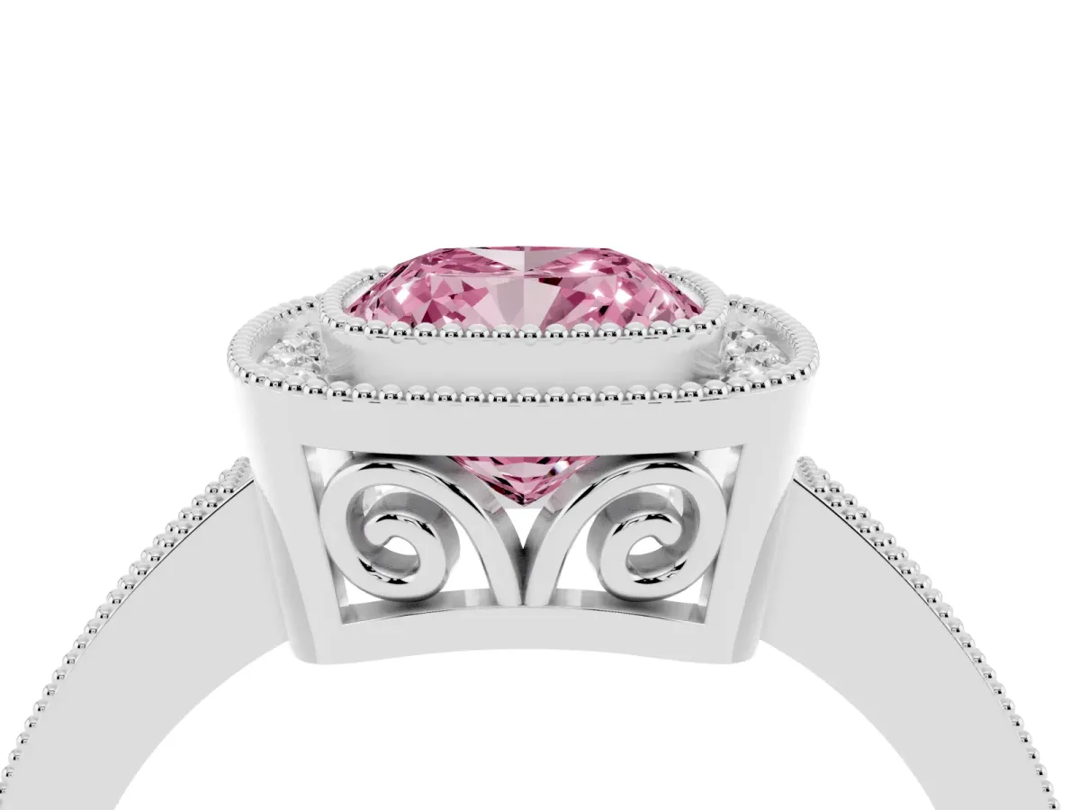 Fancy Pink Cushion Cut Cut Halo Diamond Ring with Pavé Band and Milgrain Prong Setting Platinum