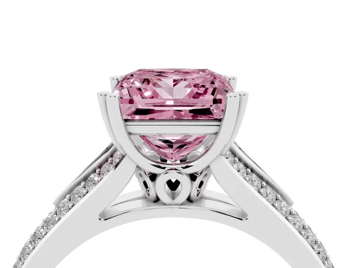 Fancy Pink Princess Cut Diamond Split Shank Engagement Ring with Pavé Band Platinum