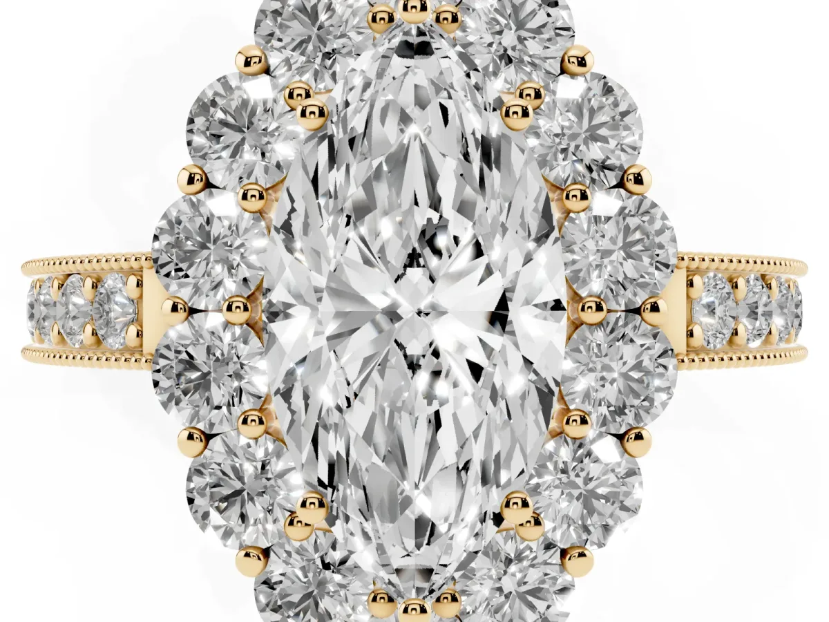 Marquise Cut Cut Halo Diamond Pavé Engagement Ring with Milgrain Detailing Yellow gold