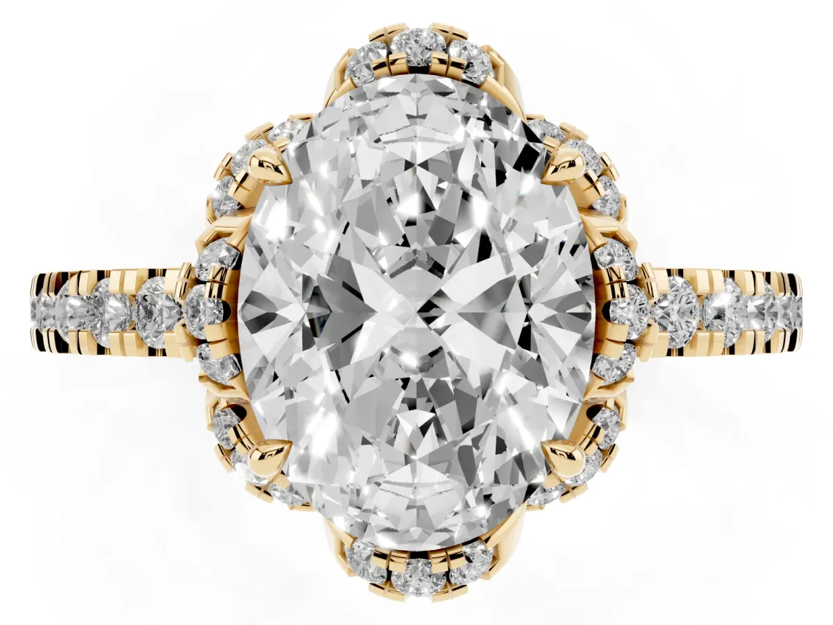 Oval Cut Halo Diamond Pave Band Ring with Four-Prong Setting Yellow gold