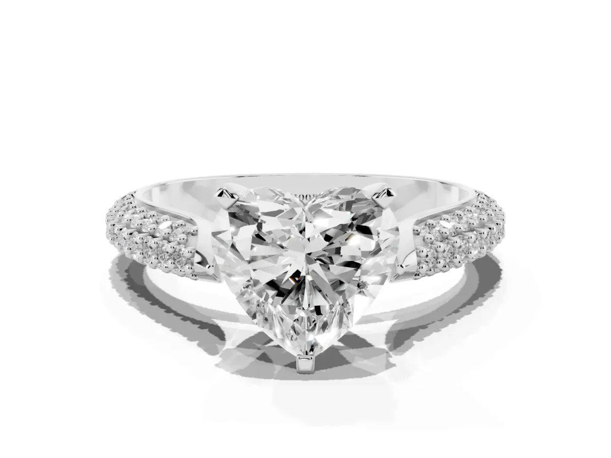 Heart Cut Diamond Solitaire Engagement Ring with Multi-Row Round Pavé Band and Prong Setting White gold