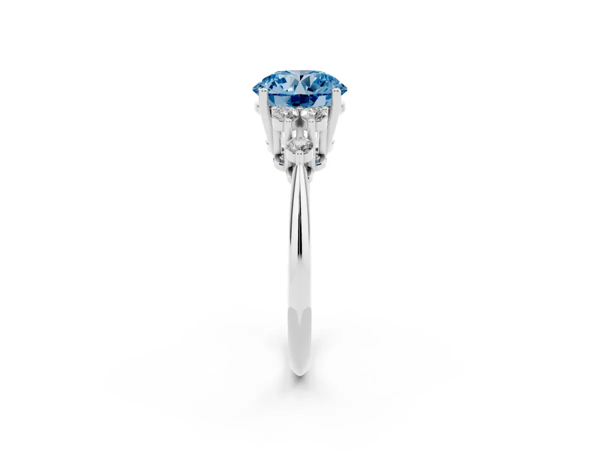 Fancy Blue Round Cut Cut Diamond Cluster Ring with Solitaire Band and Four-Prong Setting Silver