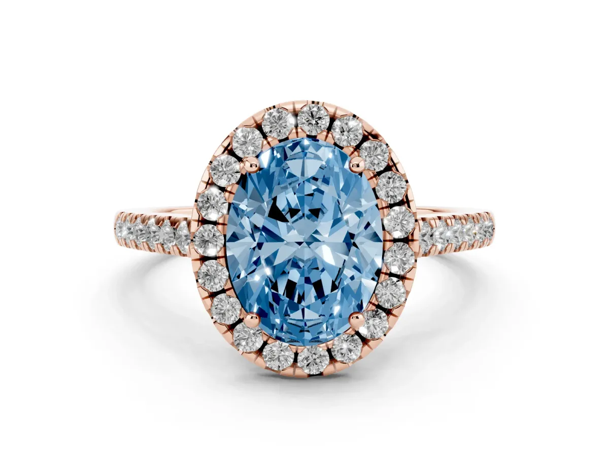 Fancy Blue Oval Cut Halo Pavé Diamond Engagement Ring with Four-Prong Setting Rose gold