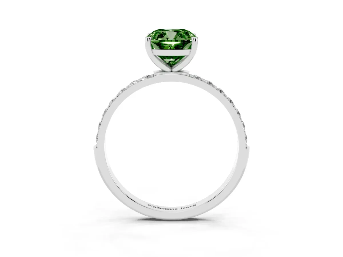 Fancy Green Cushion Cut Diamond Solitaire Ring with Round Pavé Shoulders and Prong Setting Silver