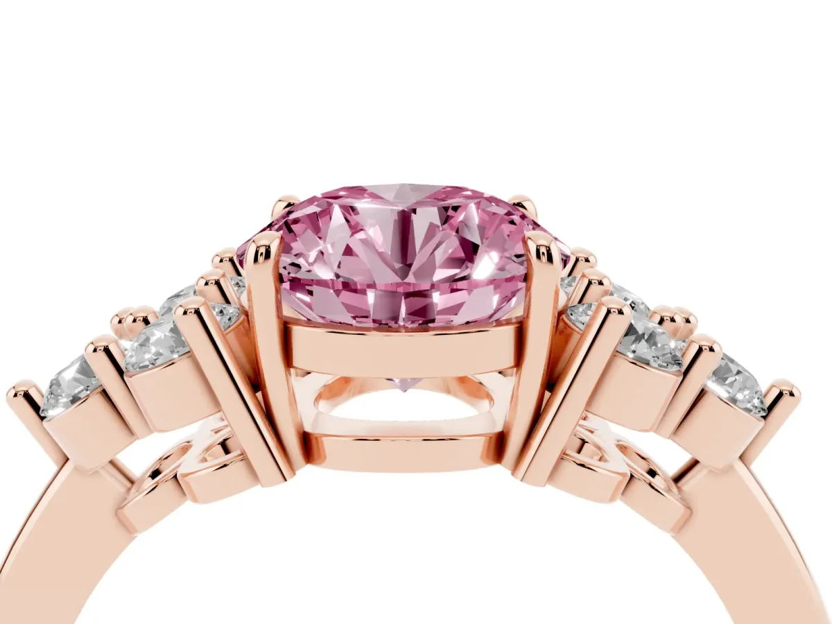 Fancy Pink Round Cut Brilliant Diamond Cluster Accent Solitaire Ring with Prong Setting Rose gold