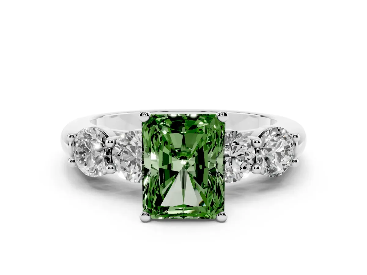 Fancy Green Radiant Cut Cut Five-Stone Prong Set Diamond Ring with Classic Band Silver