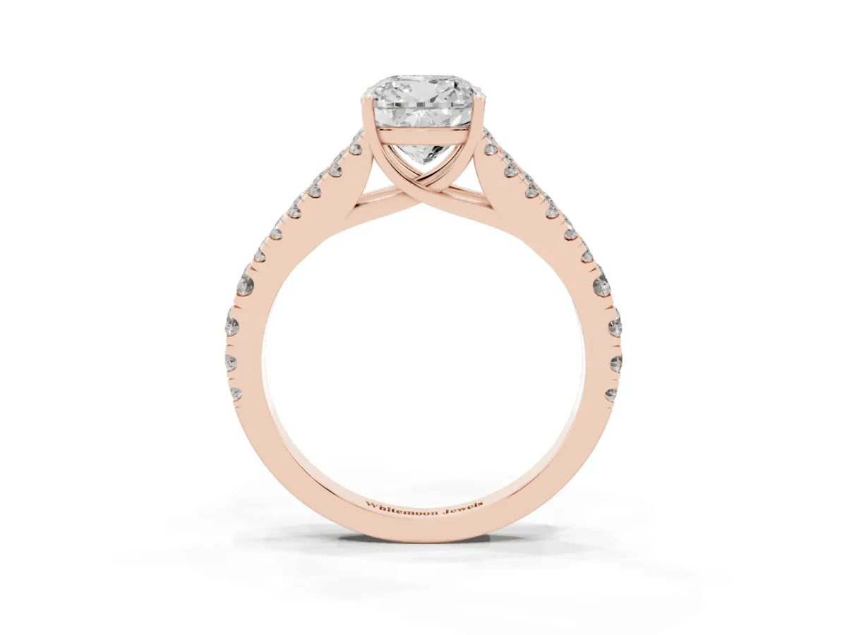 Cushion Cut Diamond Split Shank Engagement Ring with Round Pavé and Prong Setting Rose gold