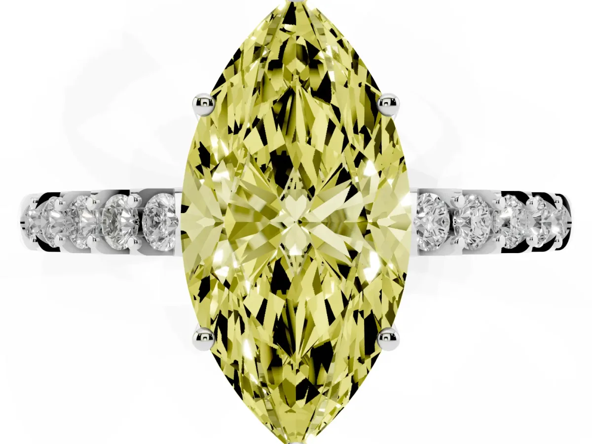 Fancy Yellow Marquise Cut Solitaire Diamond Engagement Ring with Pavé Band and Six-Prong Setting White gold