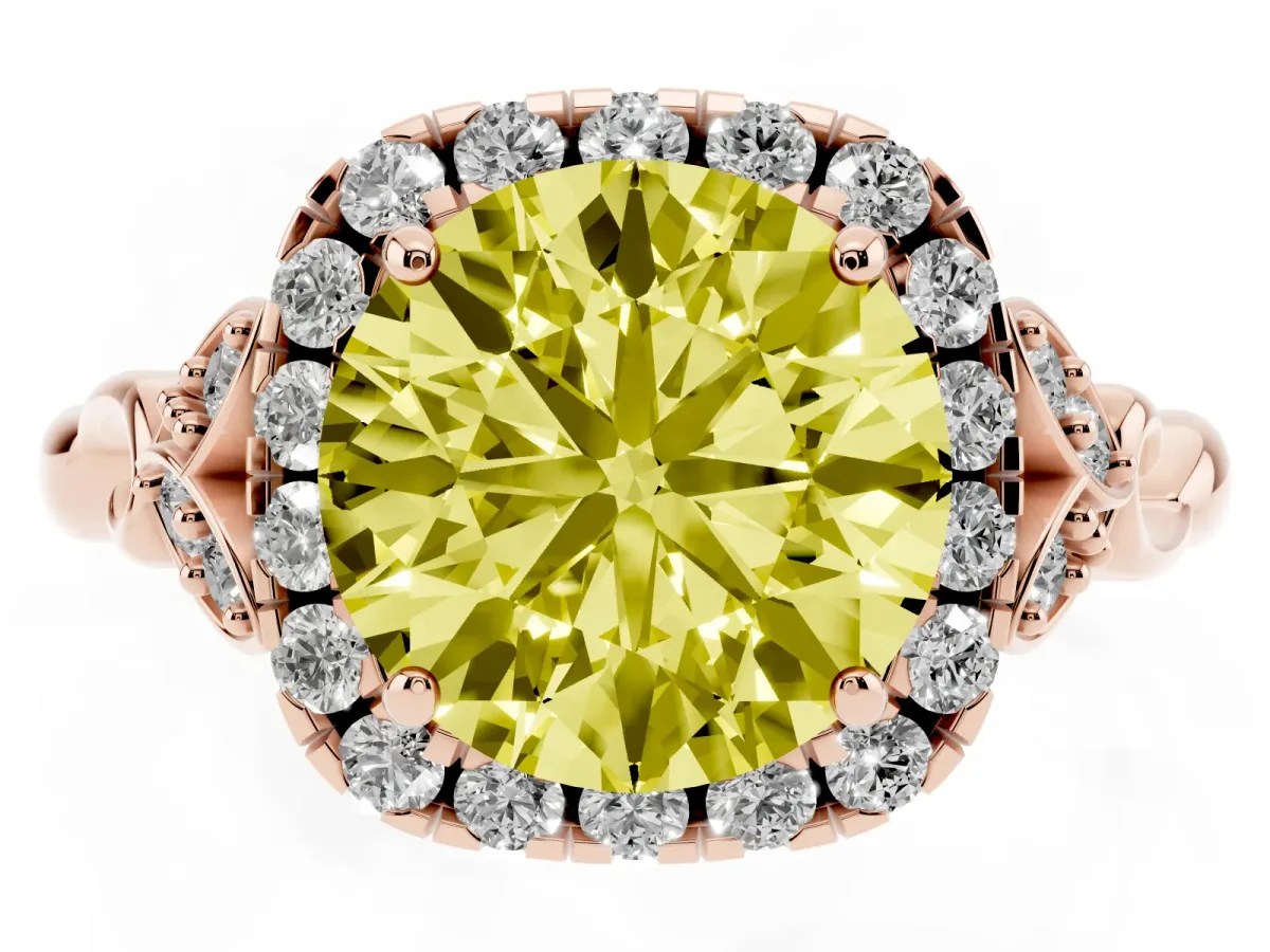 Fancy Yellow Round Cut Halo Diamond Engagement Ring with Vintage-Inspired Band and Four-Prong Setting Rose gold